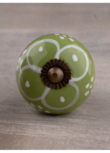 Hand painted White Flower Design on Green Base Kitchen Cabinet Drawer Dresser Knob