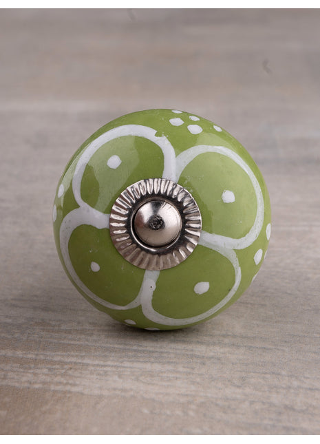 Hand painted White Flower Design on Green Base Kitchen Cabinet Drawer Dresser Knob
