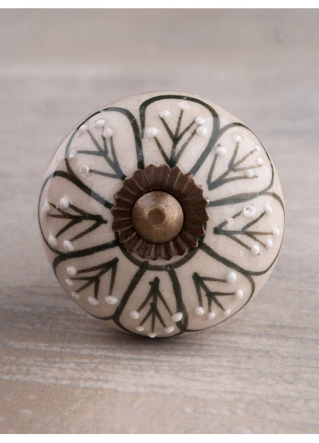 Hand painted Embossed Flower Design with Green Color on Offwhite Base Kitchen Cabinet Drawer Dresser Knob
