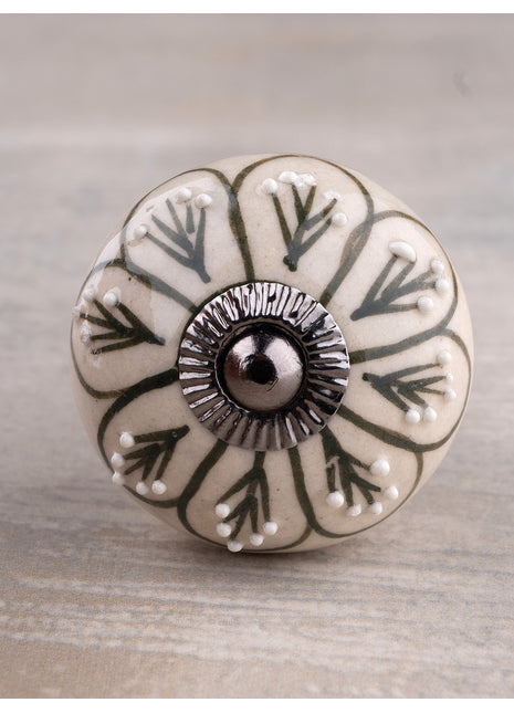 Hand painted Embossed Flower Design with Green Color on Offwhite Base Kitchen Cabinet Drawer Dresser Knob