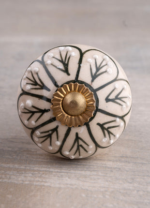 Hand painted Embossed Flower Design with Green Color on Offwhite Base Kitchen Cabinet Drawer Dresser Knob