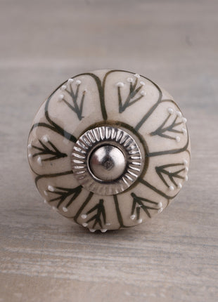 Hand painted Embossed Flower Design with Green Color on Offwhite Base Kitchen Cabinet Drawer Dresser Knob