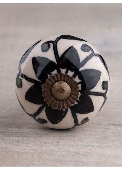Handmade Round Black Flower Design on Offwhite Kitchen Cabinet Dresser Knob