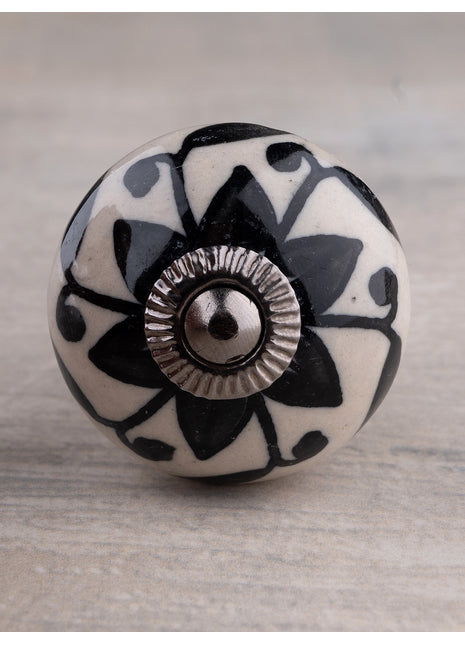 Handmade Round Black Flower Design on Offwhite Kitchen Cabinet Dresser Knob