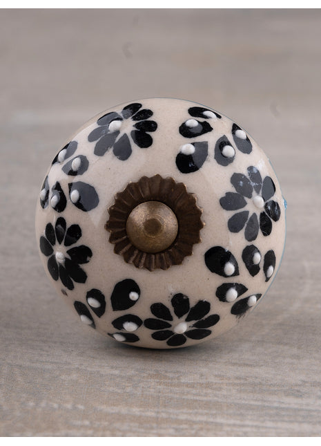 Embossed Handmade Round Black Flower Design on Offwhite Kitchen Cabinet Dresser Knob