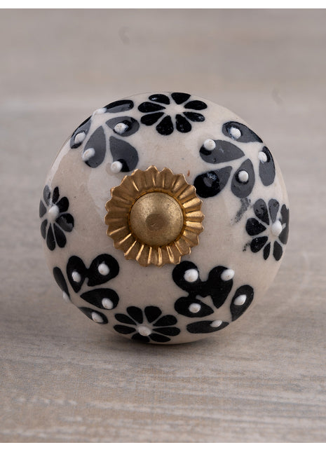 Embossed Handmade Round Black Flower Design on Offwhite Kitchen Cabinet Dresser Knob