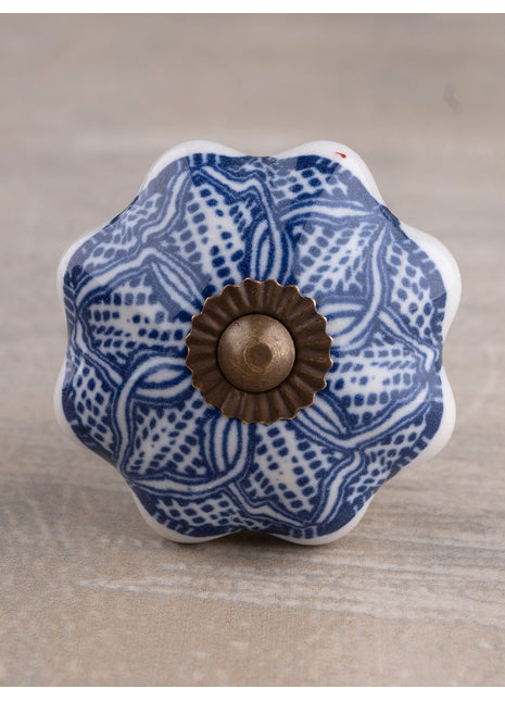 Decorative Round Shape Intricate Blue Floral Pattern On White Base Kitchen Cabinet Dresser Drawer Knob