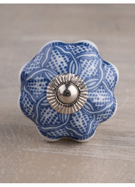 Decorative Round Shape Intricate Blue Floral Pattern On White Base Kitchen Cabinet Dresser Drawer Knob