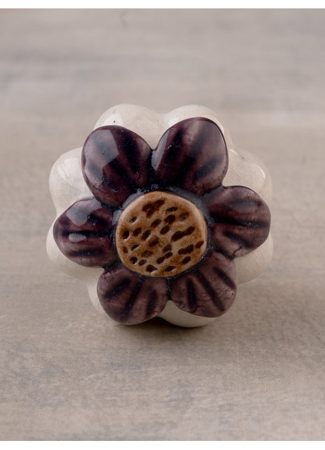 Handmade White & Brown Embossed Flower Shape  Ceramic Knob