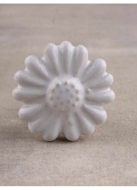 Handmade White Embossed Daisy Flower Shape Ceramic Knob