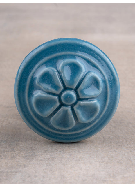 Handmade Round Turquoise Embossed Floral Design Ceramic Knob