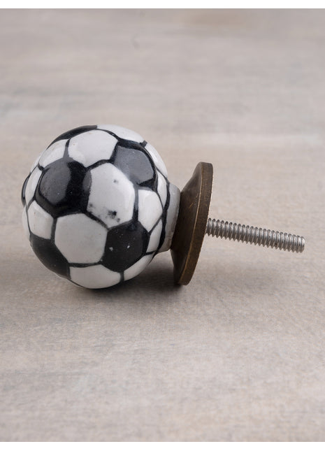 Handmade Round Black & White Football Design Ceramic Knob