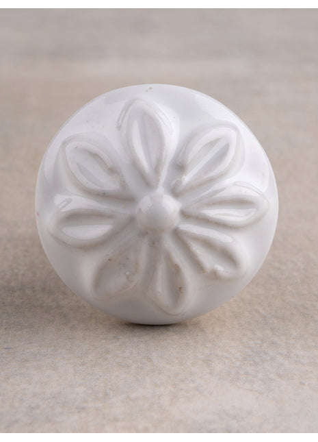 Handmade Round White Floral Design Ceramic Knob