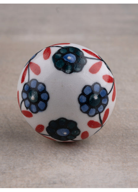 Handmade Round White Base Floral Design Ceramic Knob