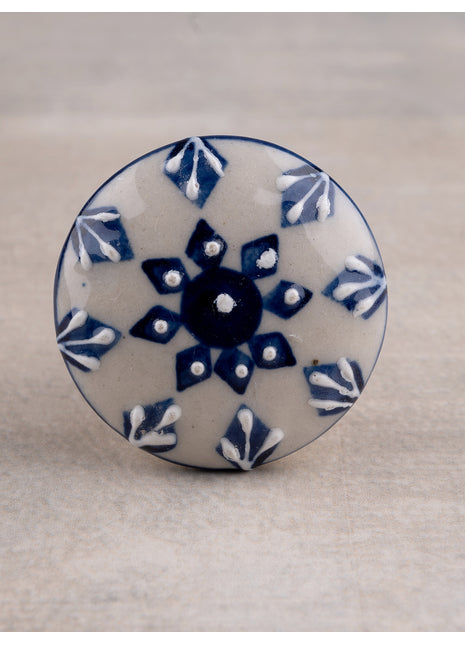 Handmade Round Off White Base Embossed Floral Design Ceramic Knob