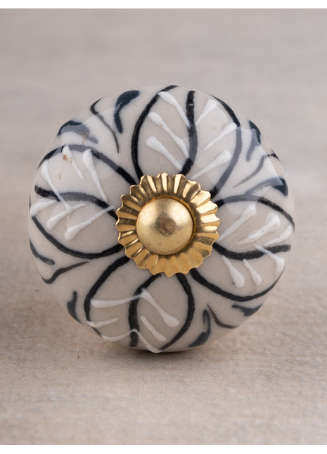 Handmade Round Off-White Base Floral Design Ceramic Knob