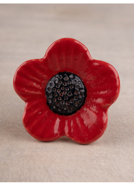 Handmade Red & Black Embossed  Flower Shape Ceramic Knob