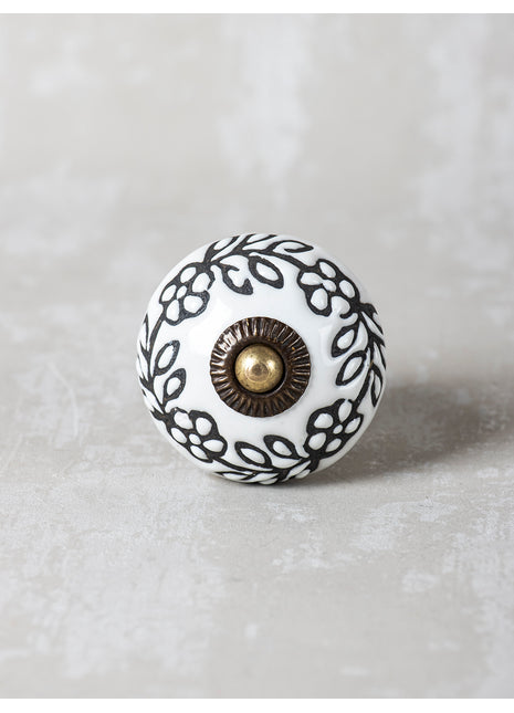 Black Flower On White Ceramic Cabinet Knob