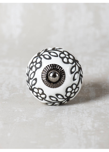 Black Flower On White Ceramic Cabinet Knob