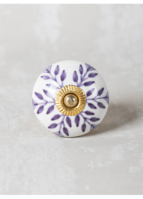 Light Purple Design On White Ceramic Cabinet Knob