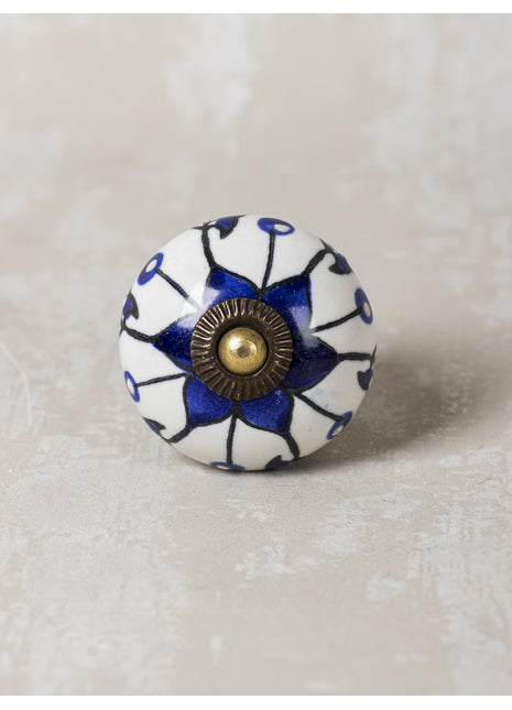 Blue Design On White Ceramic Knob