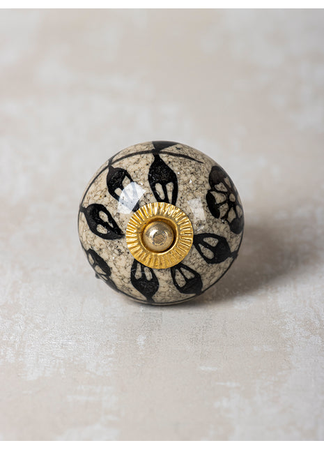 Black Leaf and Flower On Round Ceramic Cabinet Knob