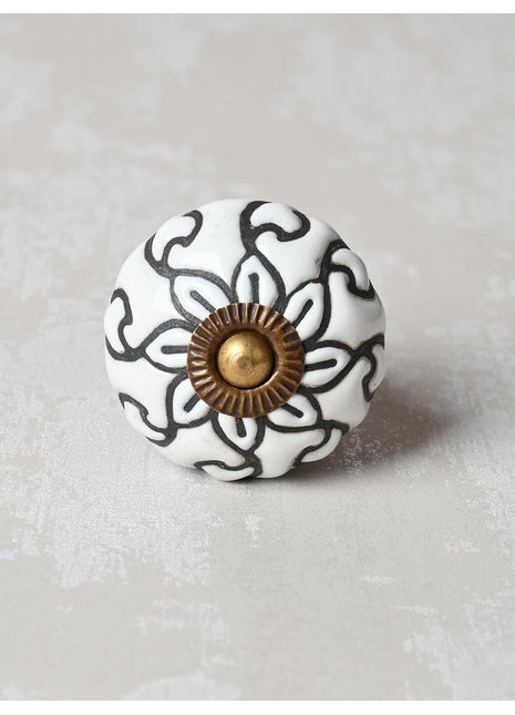 Black Flower and Leaf On White Base Ceramic Knob