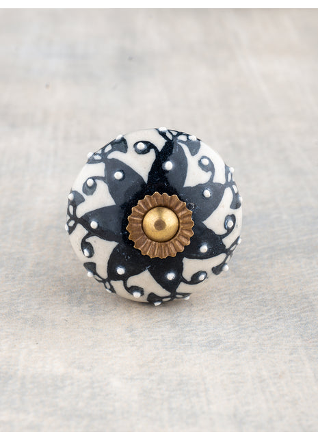 Vintage Black Floral Print On White Ceramic Wardrobe Cabinet Knob