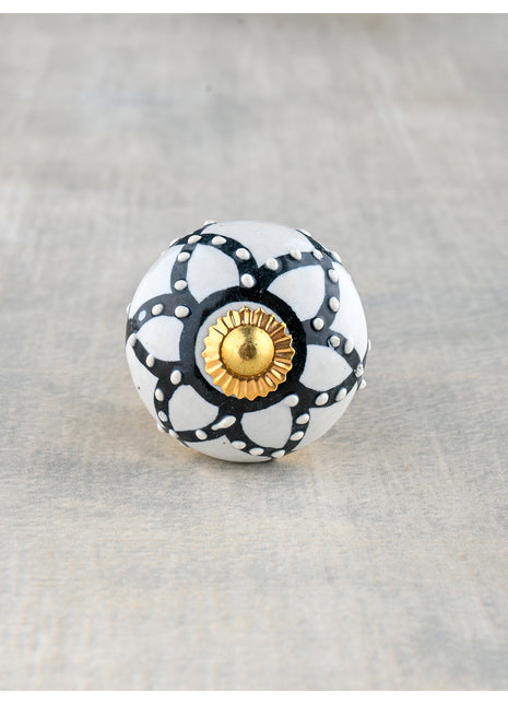 Designer Black Flower On White Ceramic Bathroom Cabinet Knob