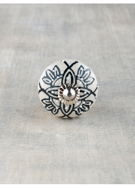 Vintage White Ceramic Kitchen Cabinet Knob With Black Designer Print