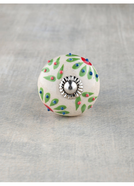 White Ceramic Dresser Cabinet Knob With Green Petal Design