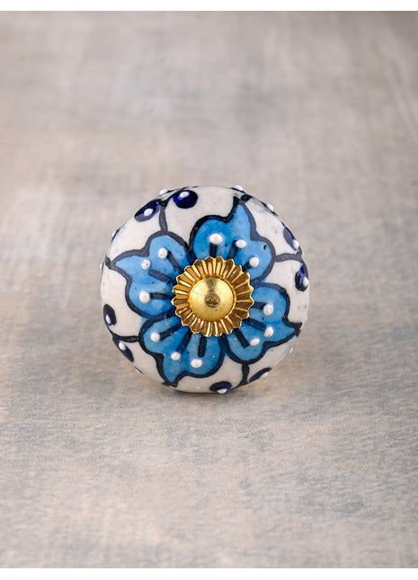 Unique Turquoise Flower On White Ceramic Dresser Cabinet Knob