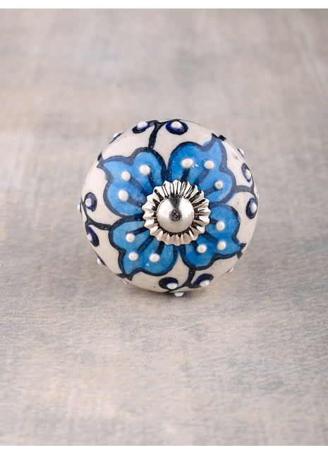 Unique Turquoise Flower On White Ceramic Dresser Cabinet Knob