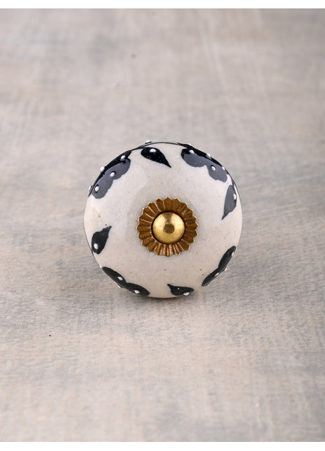 White Base Ceramic Door Knob With Black Floral Print