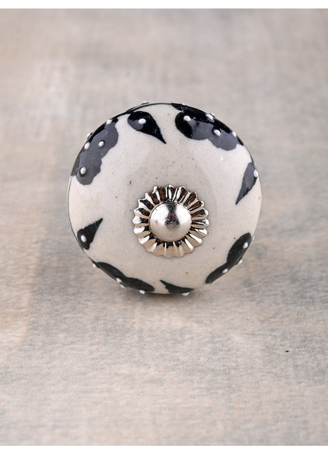White Base Ceramic Door Knob With Black Floral Print