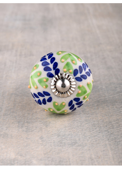Green And Blue Designer Petals On White Ceramic Drawer Cabinet Knob
