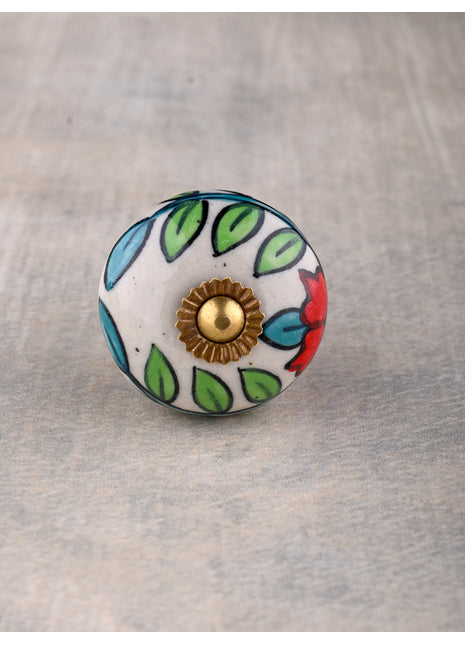 Designer White Ceramic Kitchen Cabinet Knob With Multicolor Floral Print