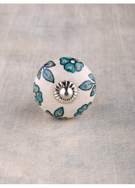 Teal Color Flowers And Petals On White Ceramic Cupboard Knob