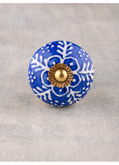 Blue And White Ceramic Kitchen Cabinet Knob With White Embossed Design