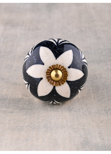 White Round Ceramic Dresser Knob With Black Floral Print