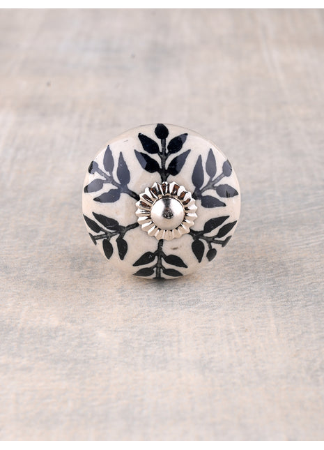 White Ceramic Bathroom Cabinet Knob With Black Petal Stem Design
