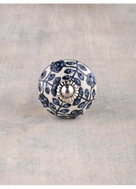 Stylish Black Embossed Floral Print On White Ceramic Cabinet Knob