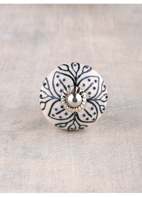 White Ceramic Flower Shaped Drawer Knob With Black Print