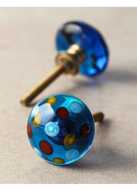 Blue Round Dresser Cabinet Knob With Multicolor Polka-Dots