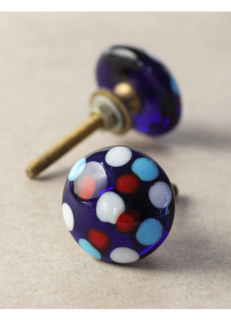 Blue Round Drawer Cabinet Knob With Multicolor Polka-Dots