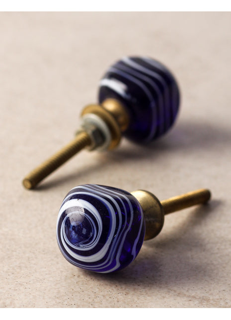 Vintage Blue Glass Drawer Cabinet Knob With White Swirl