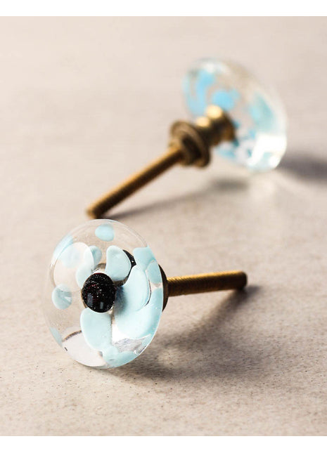 Transparent Round Shaped Drawer Cabinet Knob With Turquoise Print