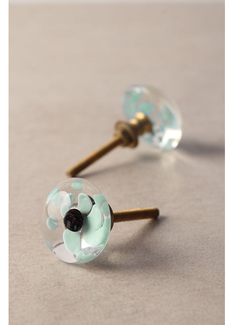 Antique Clear Round Drawer Cabinet Knob With Mint Green Prints