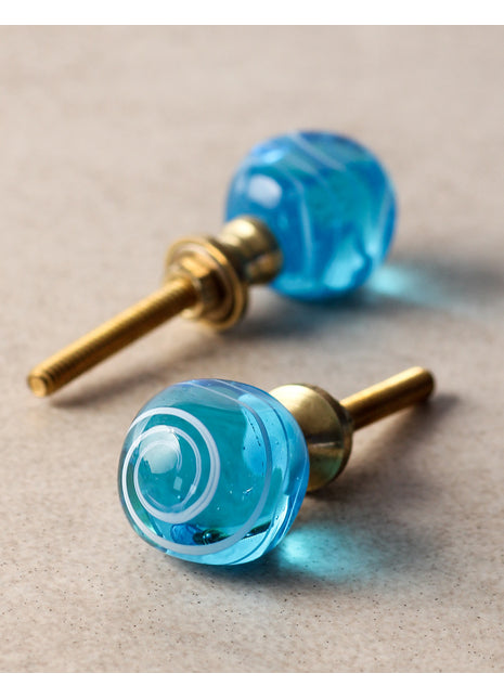 Transparent Turquoise Square Shaped Glass Door Knob With White Spiral