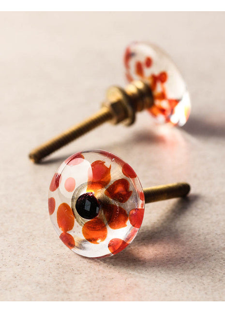 Clear Transparent Round Shaped Kitchen Cabinet Knob With Red Design